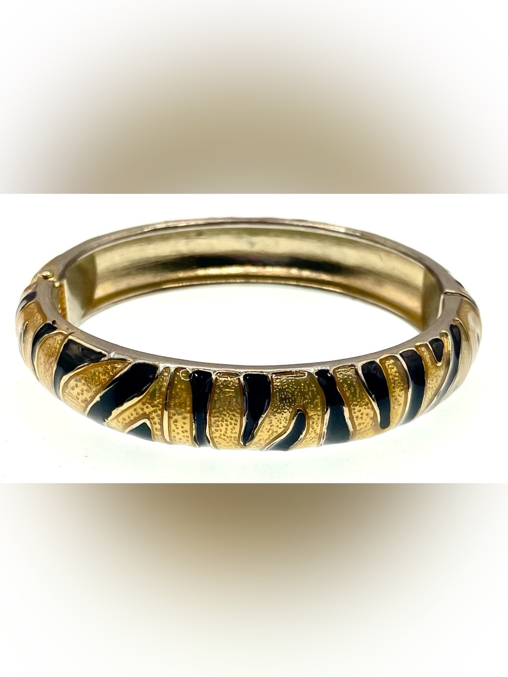 Vintage 80s Tiger Stripe Hinged Bangle Bracelet Gold Tone Black Enamel Statement